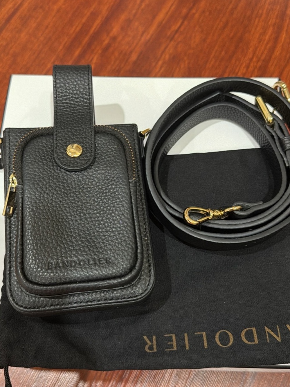 Bandolier Black Leather Crossbody Phone Pouch with Gold Hardware